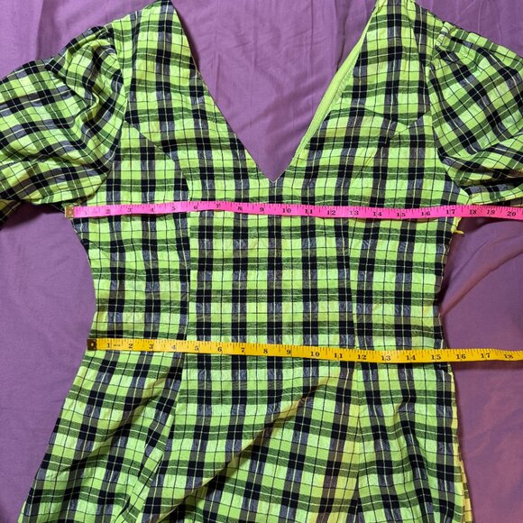 CIDER Women's Black/Lime Neon Plaid V-Neck Half Sleeve Mini Dress Size Large NWT - Picture 5 of 10